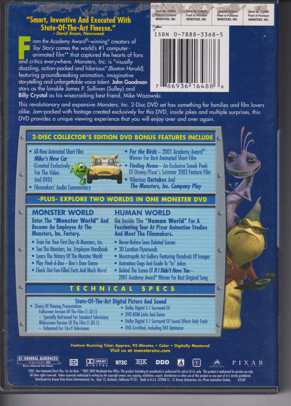 Monsters, Inc. – Collector's Edition 2-Disc. 2001. DVD.