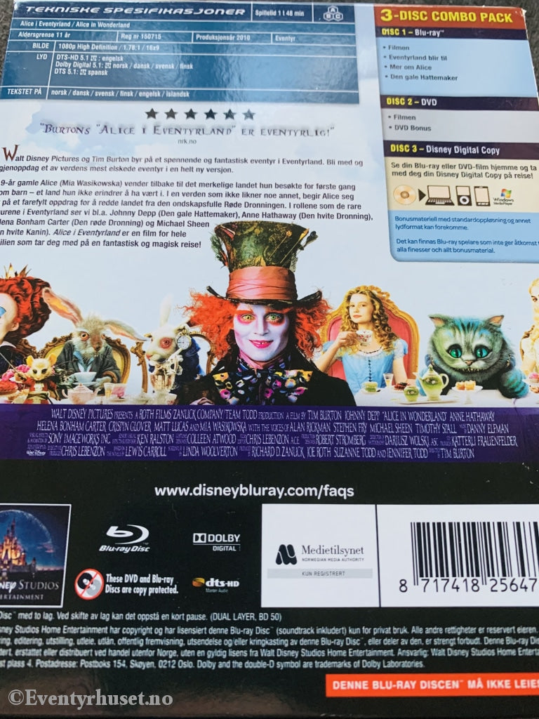 Disney Blu-Ray+ Dvd Slipcase. Alice In Wonderland. Blu-Ray Disc