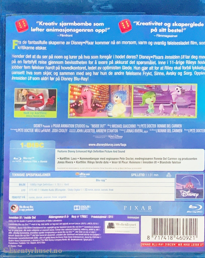 Disney Pixar Blu-Ray. Innsiden Ut. Blu-Ray Disc