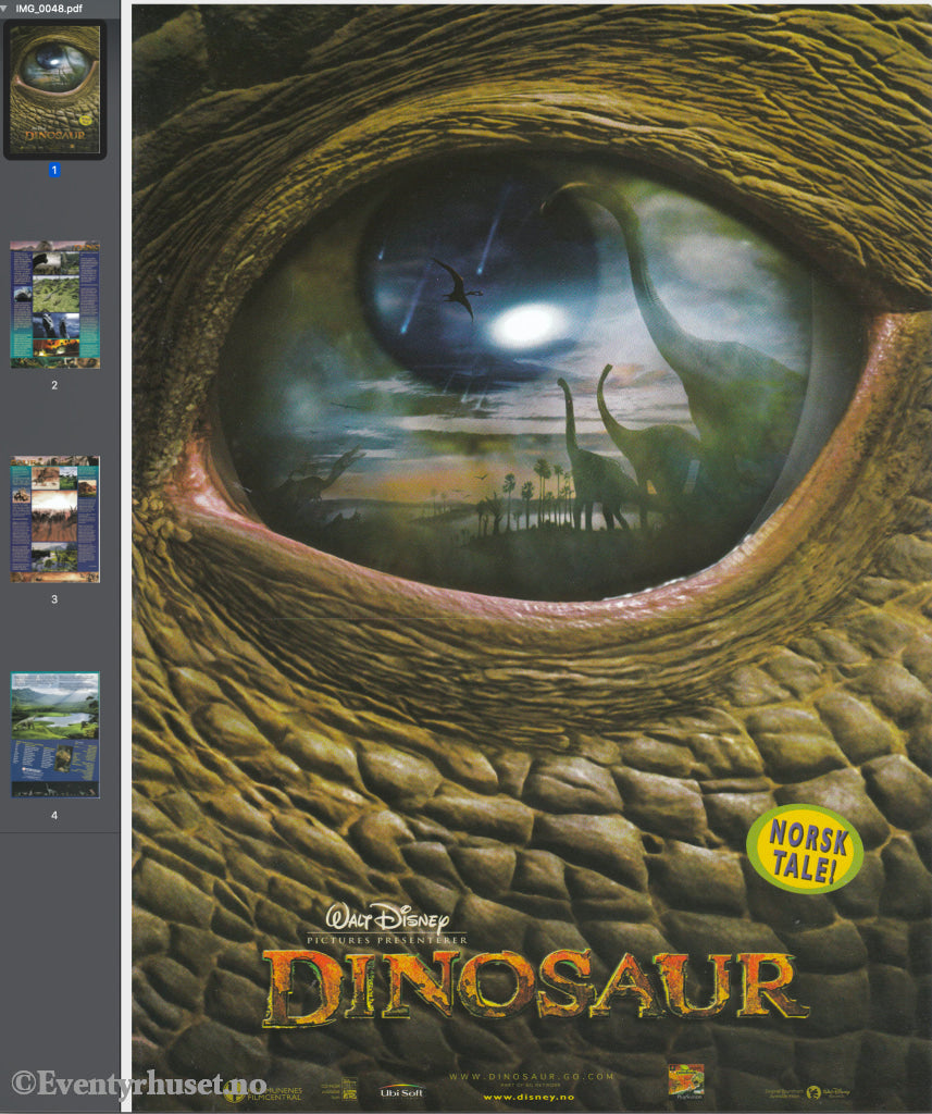Download: Disney´s Dinosaur. Unik Brosjyre På 4 Sider Med Norsk Tekst (Vaskeseddel). Digital Fil I