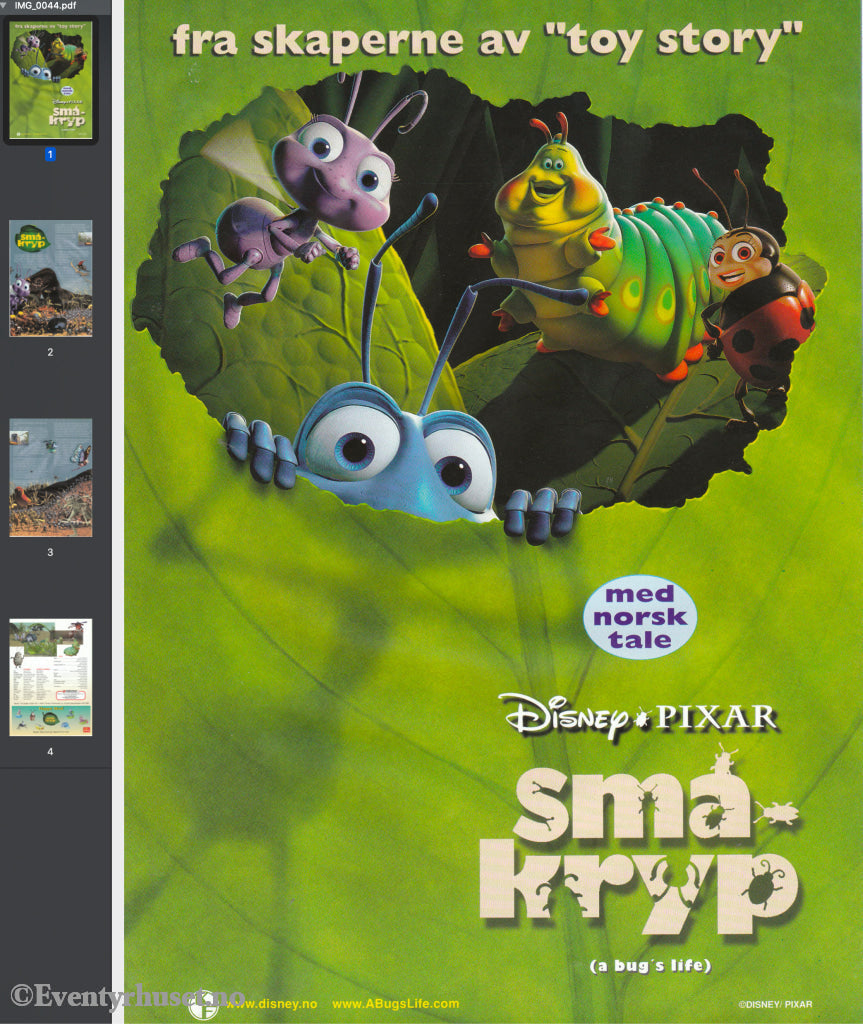 Download: Disney´s Småkryp. Unik Brosjyre På 4 Sider Med Norsk Tekst (Vaskeseddel). Digital Fil I