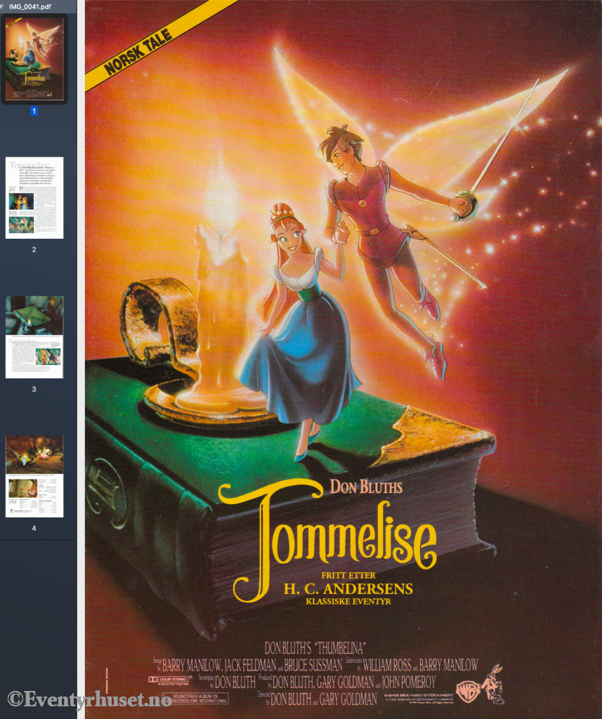 Download: Don Bluth´s Tommelise. Unik Brosjyre På 4 Sider Med Norsk Tekst (Vaskeseddel). Digital Fil