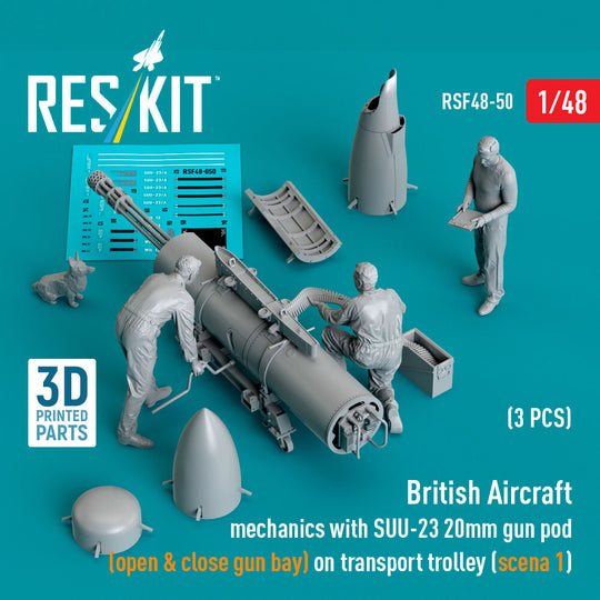 British Aircraft mechanics with SUU-23 20mm gun pod (open & close gun bay) on on transport trolley (scene 1) (3 pcs) (3D Printed)