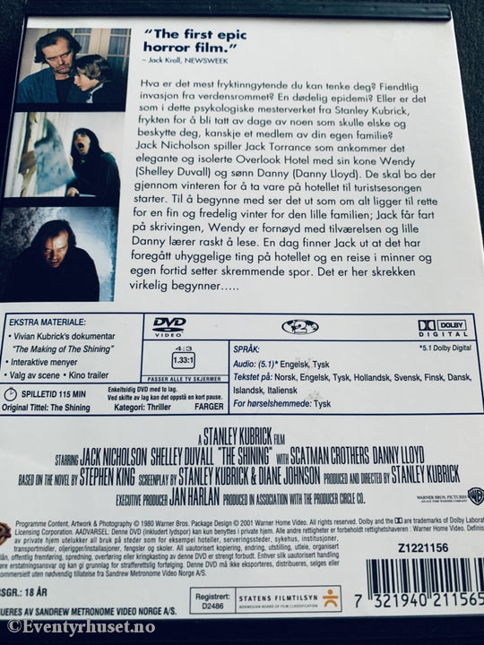 Stanley Kubricks The Shining (Ondskapens Hotell). 1980. Dvd Snapcase.